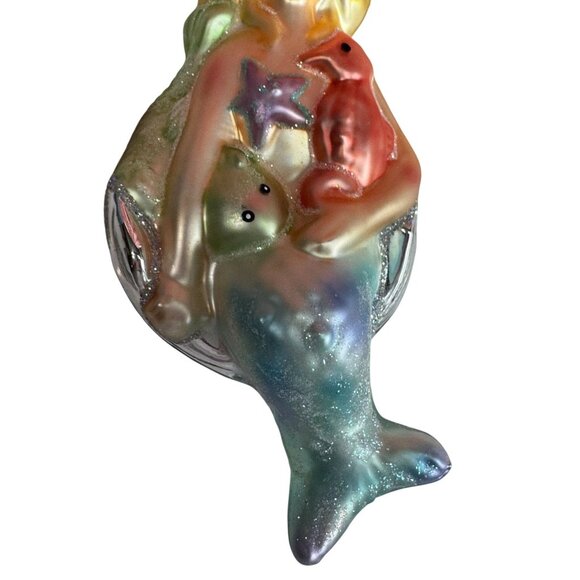 Title:  Mermaid With Seahorse & Starfish Iridescent Blown Glass Ornament 6½" - Picture 4 of 5